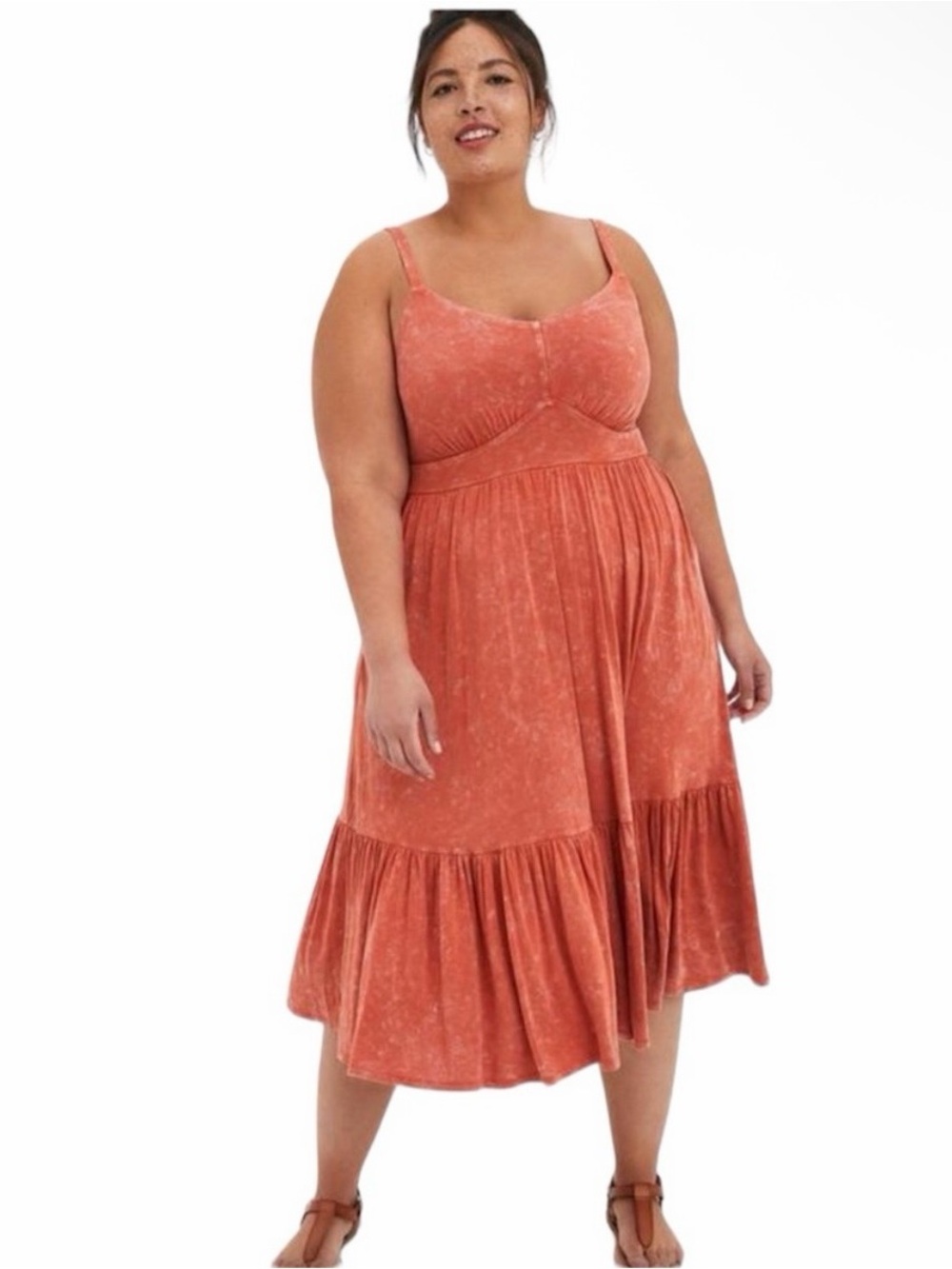 Torrid Super Soft Orange Wash Tiered Midi Dress